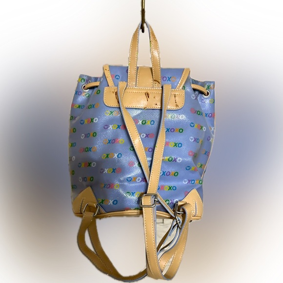 VTG XOXO PERIWINKLE MULTICOLORED LOGO FLAWED DRAWSTRING BACKPACK BAG PURSE 11” - Picture 4 of 13
